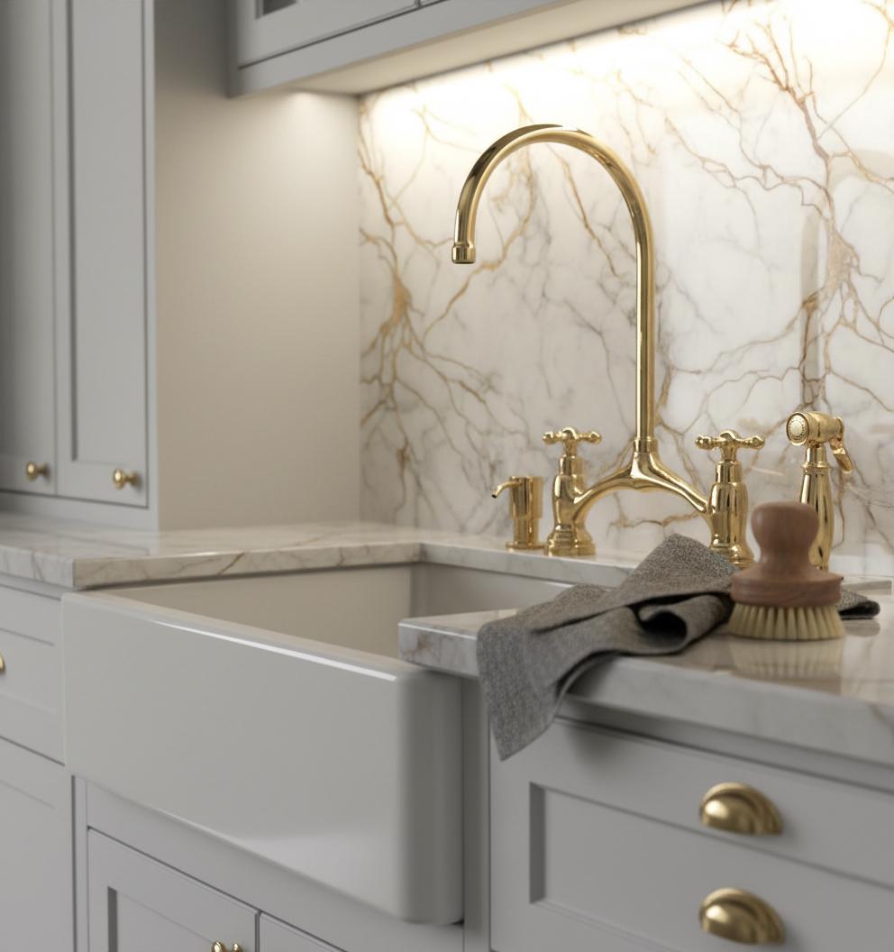 Unlacquered Brass Bridge Kitchen Faucet with Sprayer and Soap dispenser, Handmade Solid Brass Farmhouse Sink Mixer