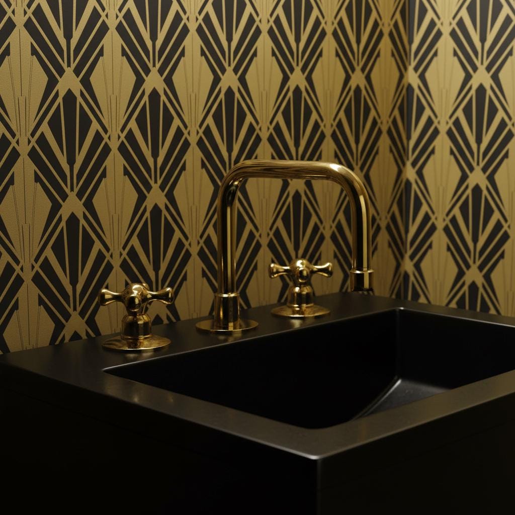 Black sink with gold faucet against a geometric patterned wall