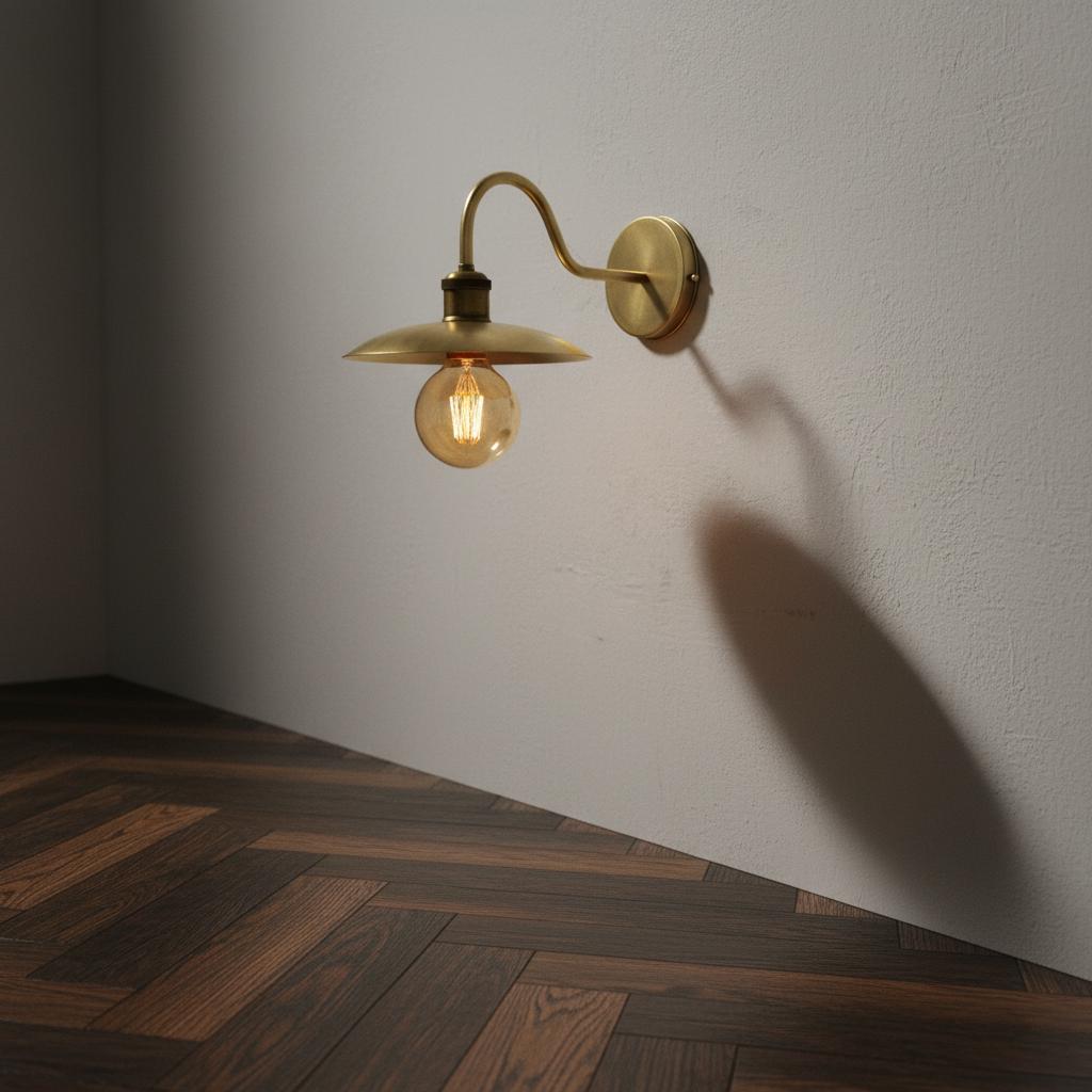 Unlacquered Brass Wall Light – Handmade Curved Arm Sconce with Wide Shade and Edison Bulb