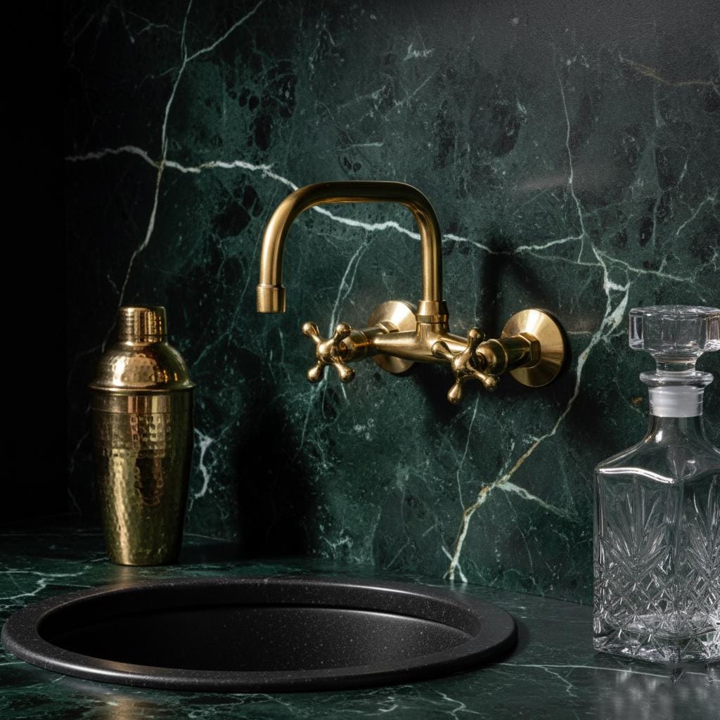 Unlacquered Brass Wall Mount Faucet – Handmade Solid Brass Bar or Bathroom Sink Tap with Cross Handles