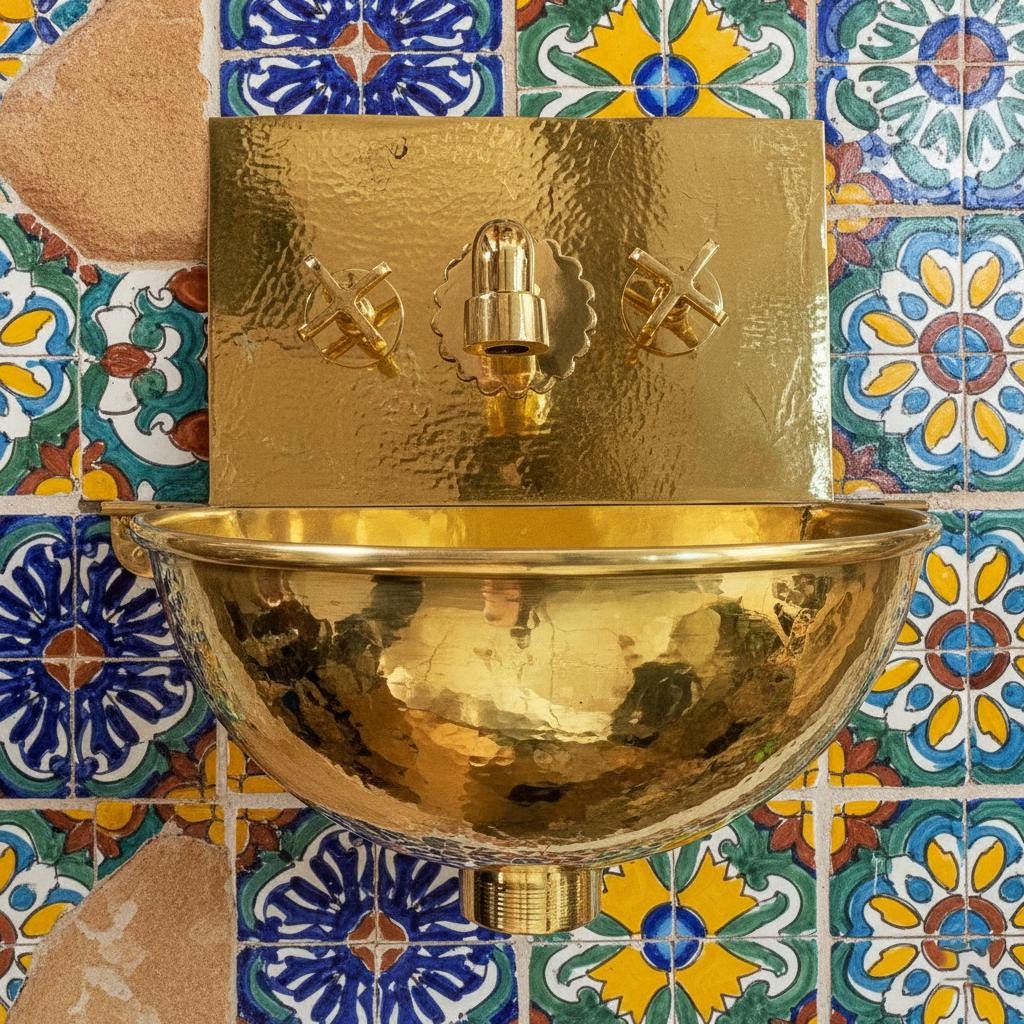 Handmade Hammered Solid Brass Wall Mount Sink with Faucet for Luxury High-End Bathroom Designs