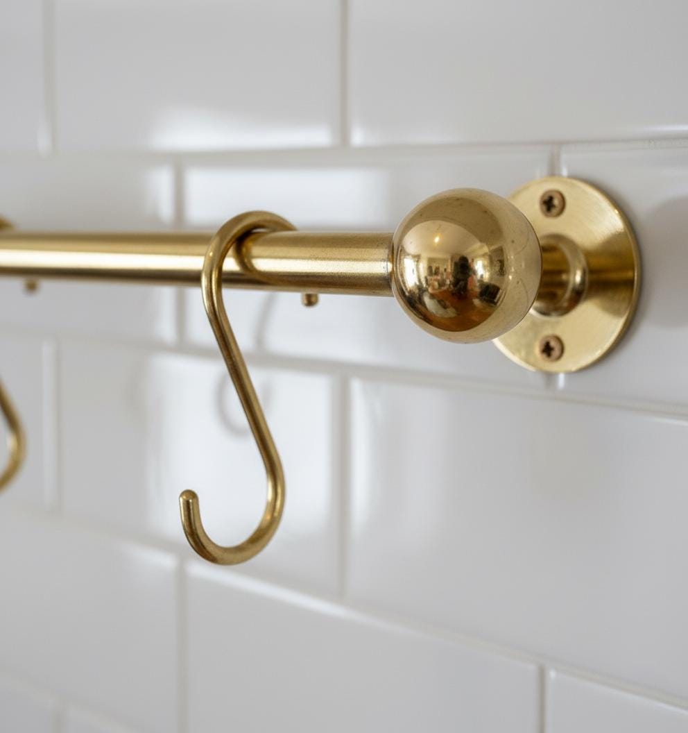 Solid Brass Kitchen Rail with Hooks – Unlacquered Hanging Utensil Bar for Wall