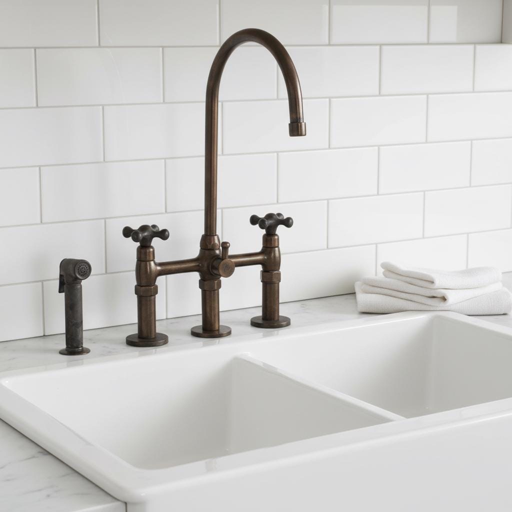 Brass Bridge Faucet with Sprayer – Handmade Kitchen Mixer Tap, Farmhouse Sink Faucet
