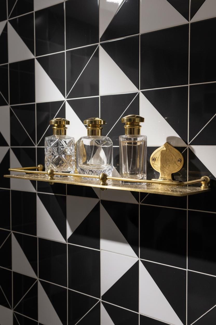 Engraved Unlacquered Brass Wall Shelf: Solid Handmade Bathroom or Hallway Decor