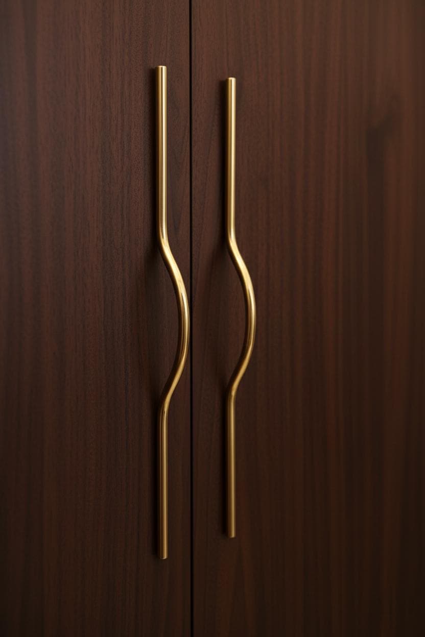 Gold cabinet handles on a dark wooden door