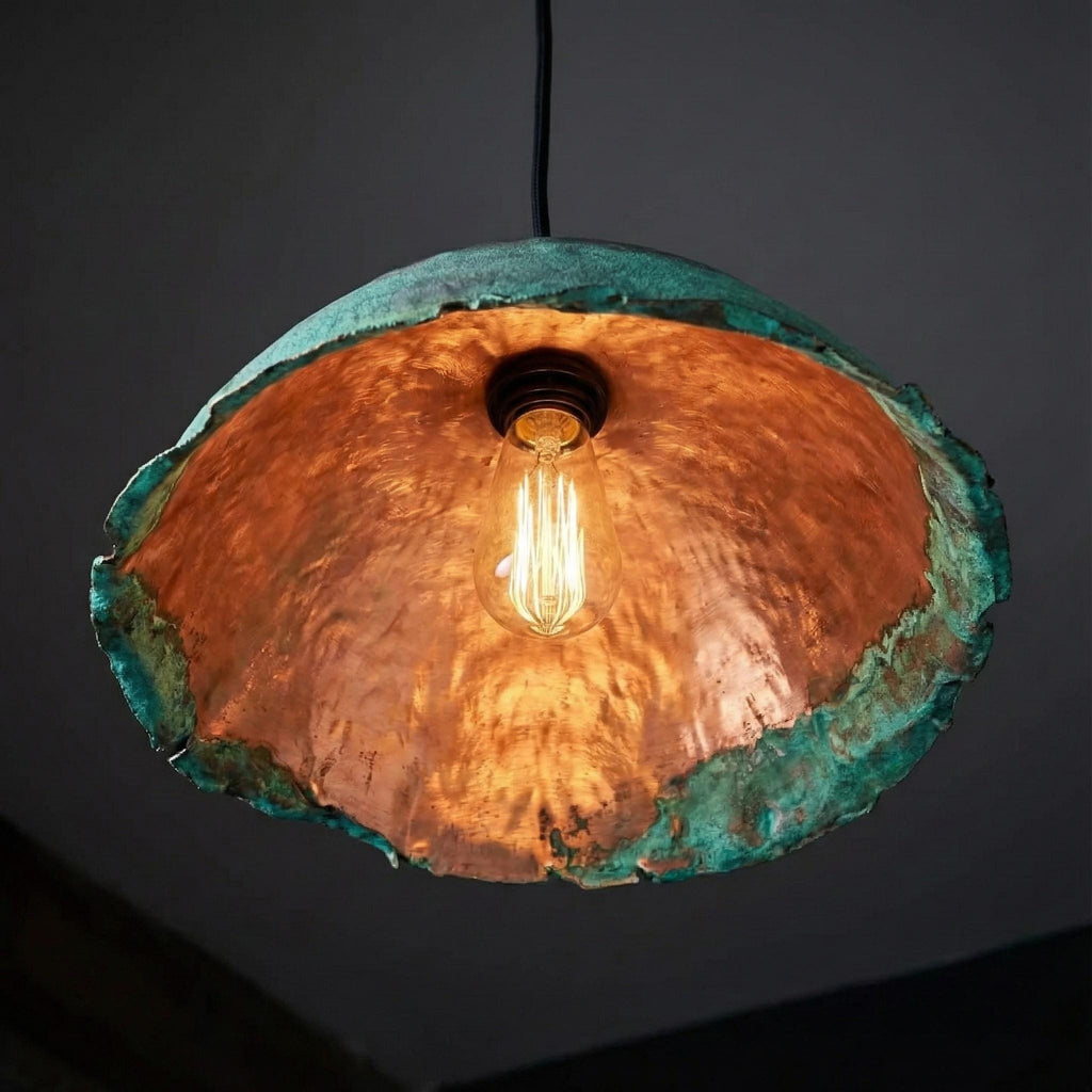 Handcrafted Copper Pendant Light with Fire Finish and Verdigris Patina Exterior Dome