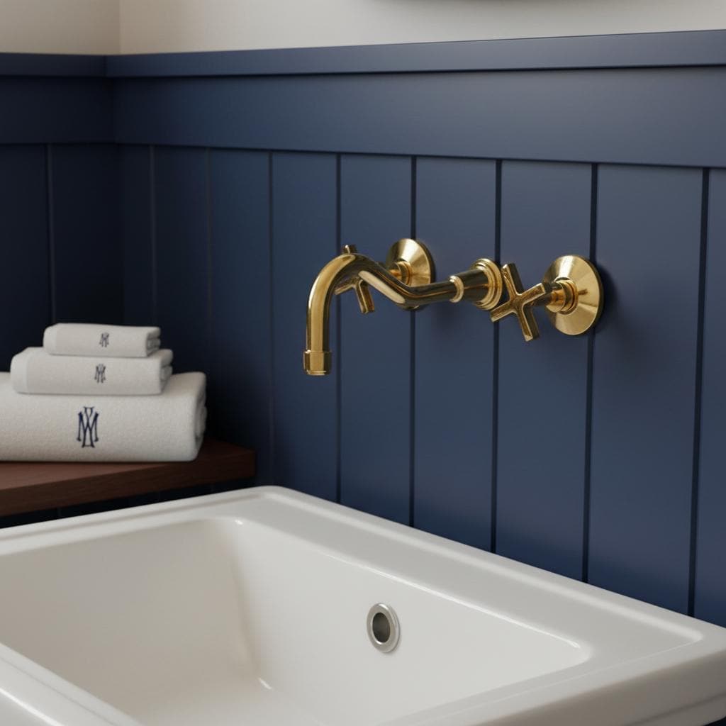 Unlacquered Solid Brass Wall Mount Faucet – Handmade Cross Handle Bathroom Mixer Or Bar Sink