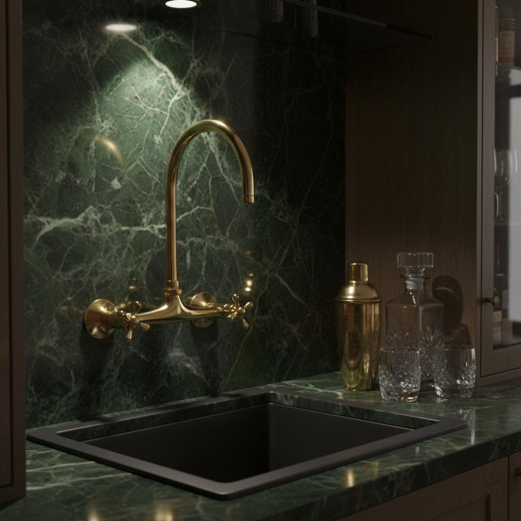 Unlacquered Brass Wall Mount Faucet – Handmade Solid Brass Gooseneck Kitchen Tap with Cross Handles for Farmhouse Sink