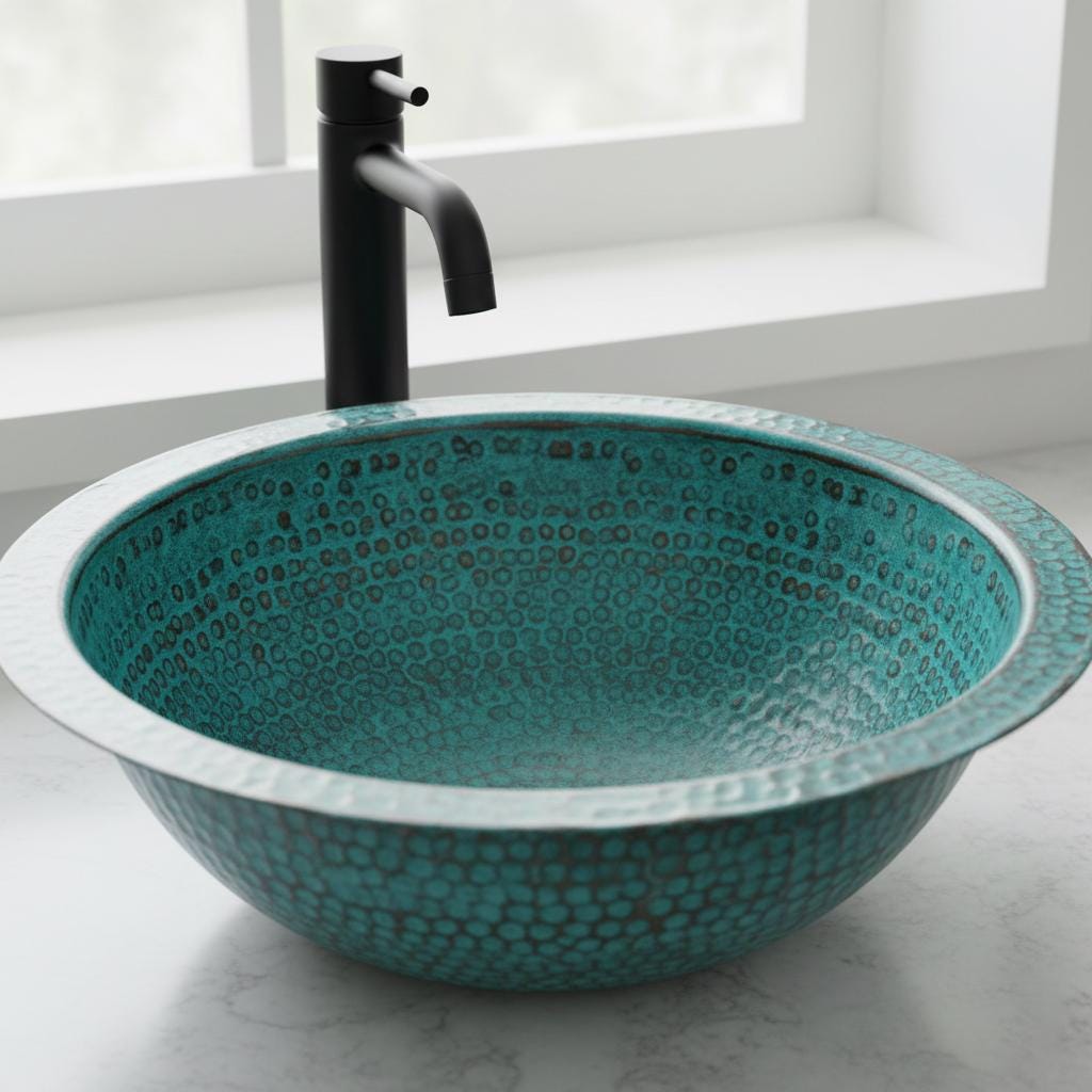 Handmade Round Verdigris Copper Vessel Sink with Green Patina Hammered Finish for Bathroom Vanity