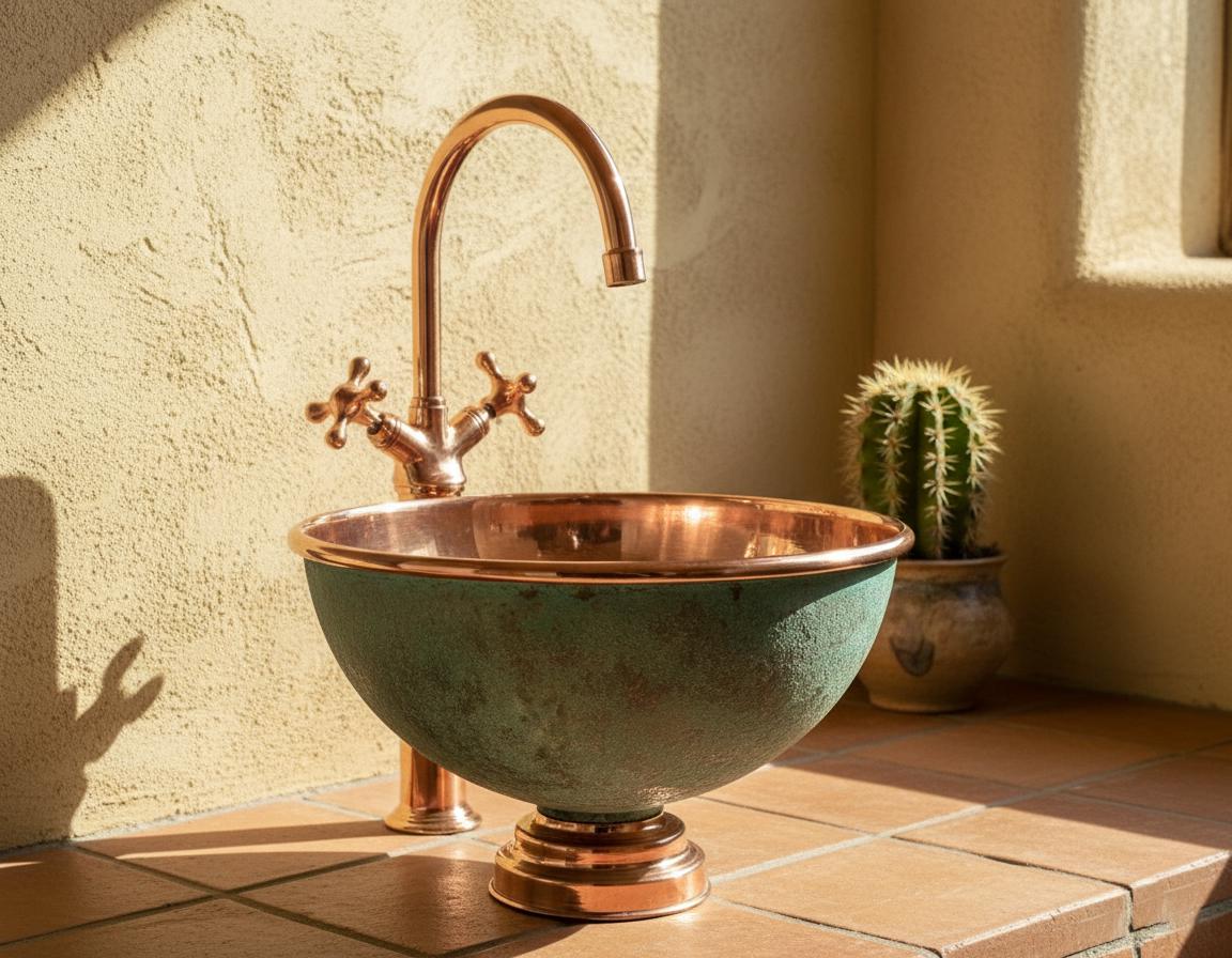 Handmade Turquoise Patina Copper Vessel Sink with Faucet for Luxury Artisan Bathroom Vanity Designs