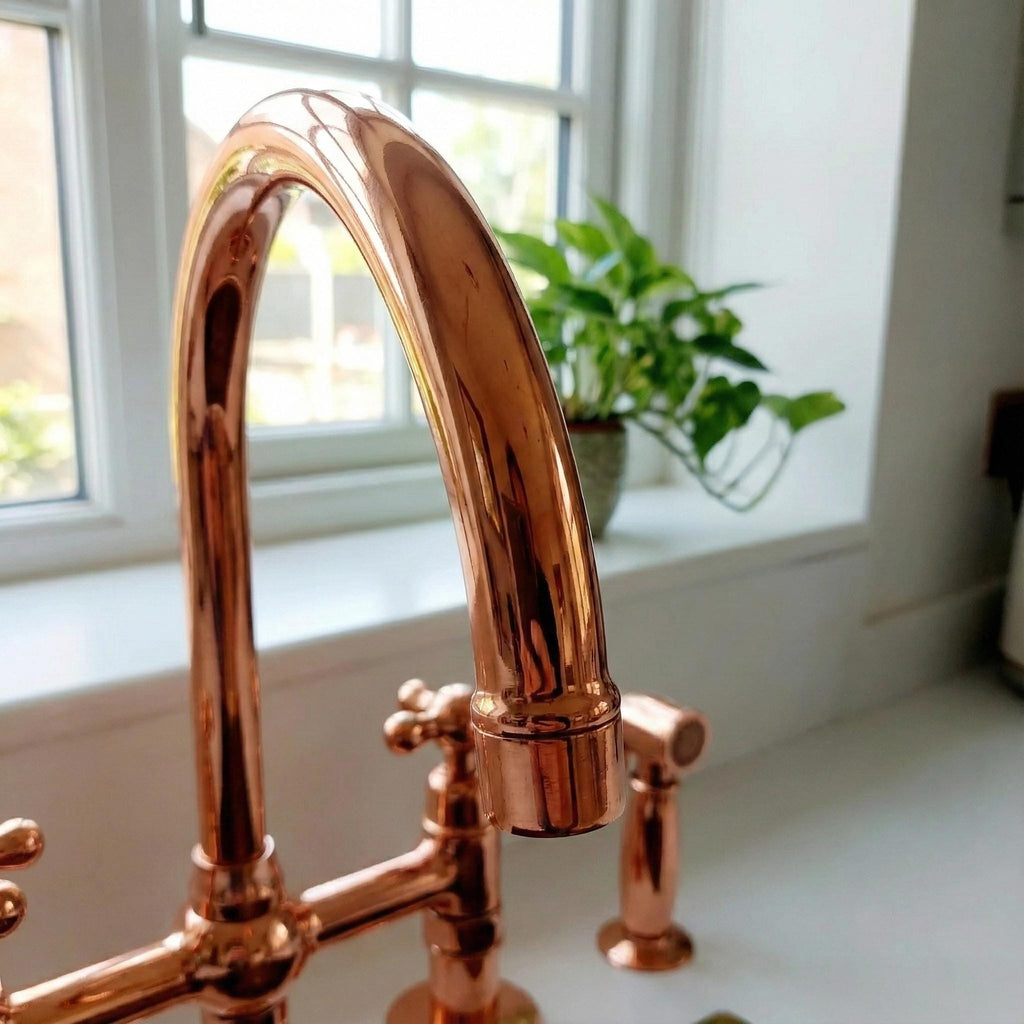Solid Brass Farmhouse Kitchen Bridge Faucet with Sprayer And Cold Water Tap