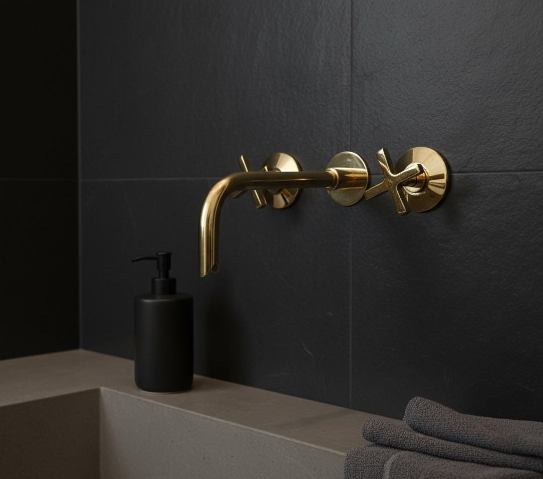 Unlacquered Brass Wall-Mount Faucet – Handmade Solid Brass Modern Cross Handle Bathroom Tap