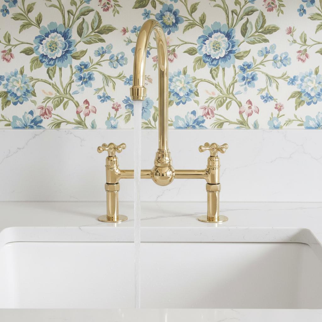 Unlacquered Brass Bridge Faucet – Solid Brass Kitchen Mixer Tap, Luxury Gooseneck Farmhouse Sink Fixture