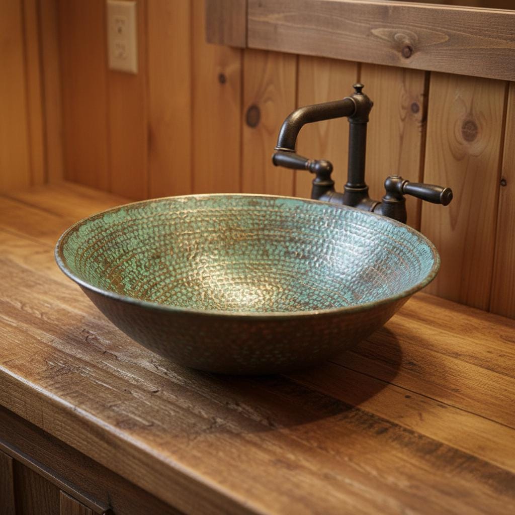 Copper sink with faucet on a wooden countertop