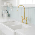 Polished Solid Brass Bridge Faucet, Handmade Kitchen Mixer Tap with Gooseneck Spout for Farmhouse Sinks