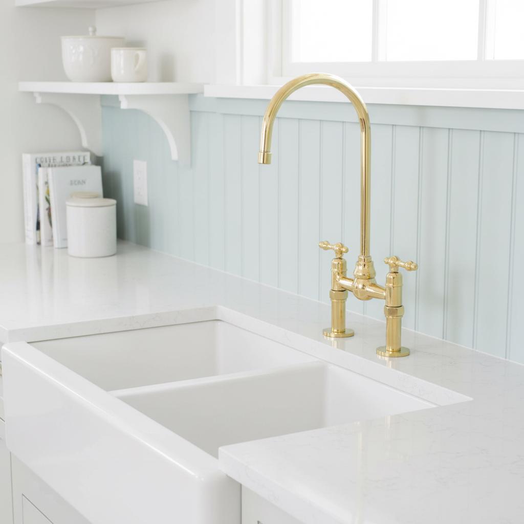 Polished Solid Brass Bridge Faucet, Handmade Kitchen Mixer Tap with Gooseneck Spout for Farmhouse Sinks