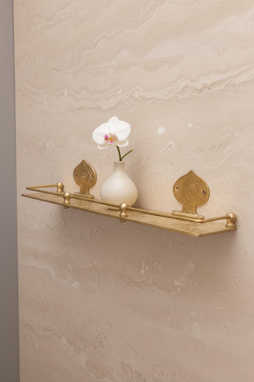 Engraved Unlacquered Brass Wall Shelf: Solid Handmade Bathroom or Hallway Decor