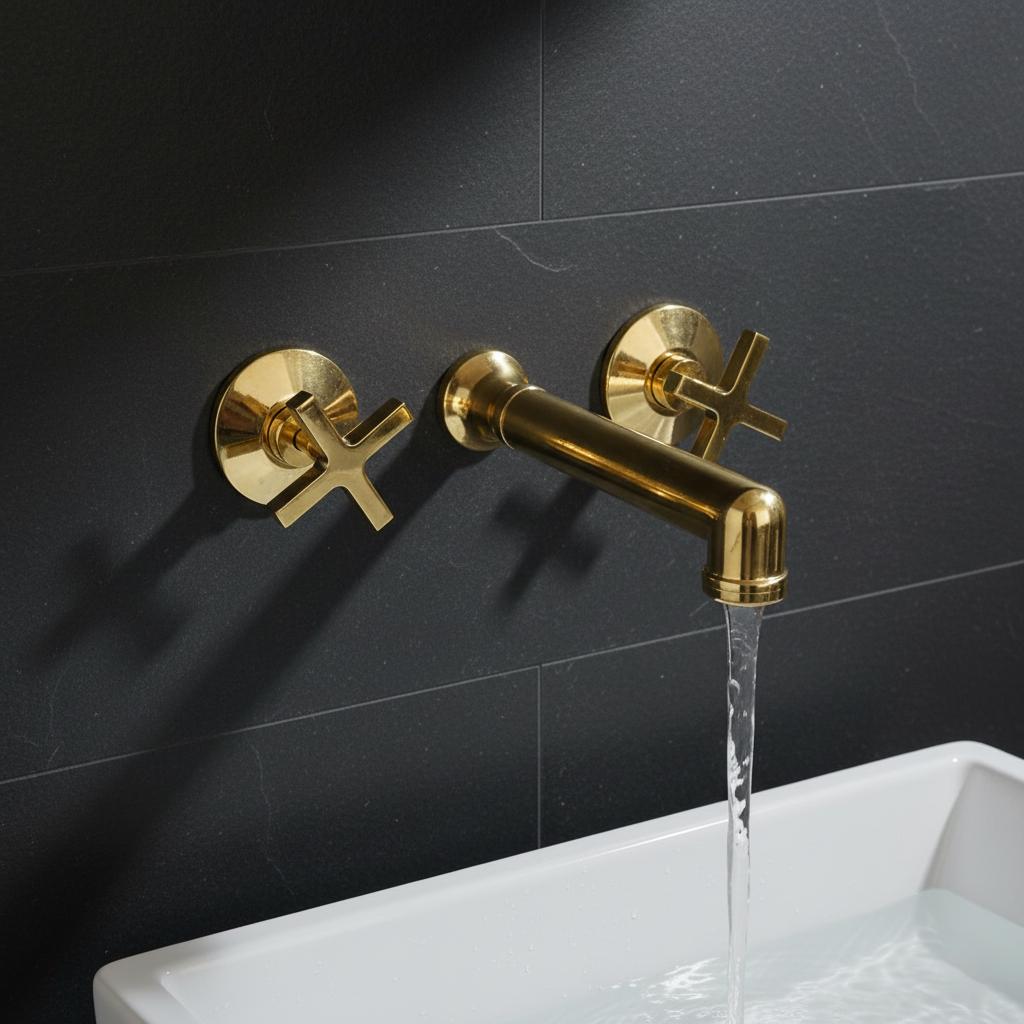 Unlacquered Solid Brass Wall Mount Faucet – Modern Cross Handle Bathroom or Vanity Sink Tap