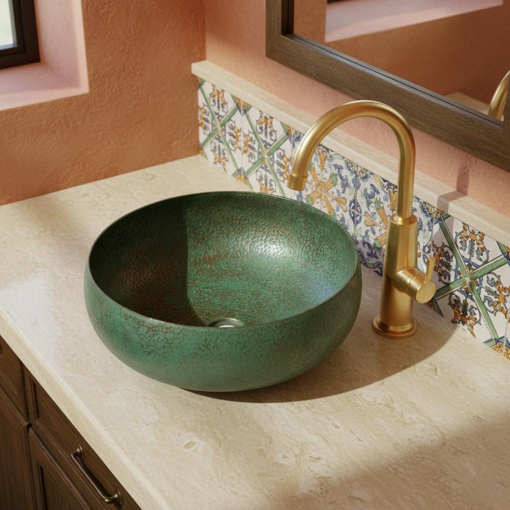 Handcrafted Verdigris Copper Vessel Basin Round Patina Bathroom Washbowl Countertop Mount