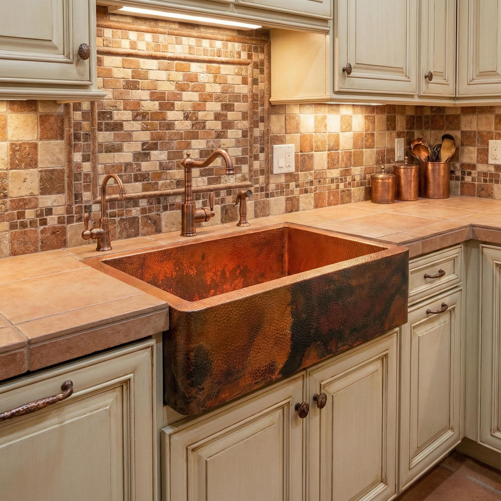 Handmade Fire Patina Hammered Copper Farmhouse Apron Front Sink for Modern Rustic Kitchen Designs