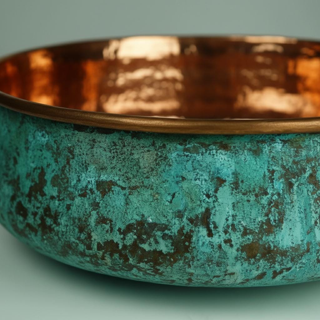 Handmade Turquoise Patina Copper Vessel Sink with Polished Interior for Luxury Bathroom Designs