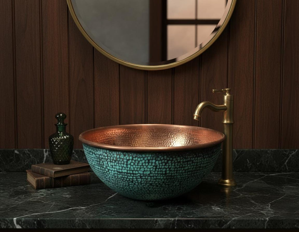 Handmade Turquoise Patina Copper Vessel Sink with Hammered Interior for Modern Bathroom Vanity Decor