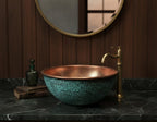 Handmade Turquoise Patina Copper Vessel Sink with Hammered Interior for Modern Bathroom Vanity Decor