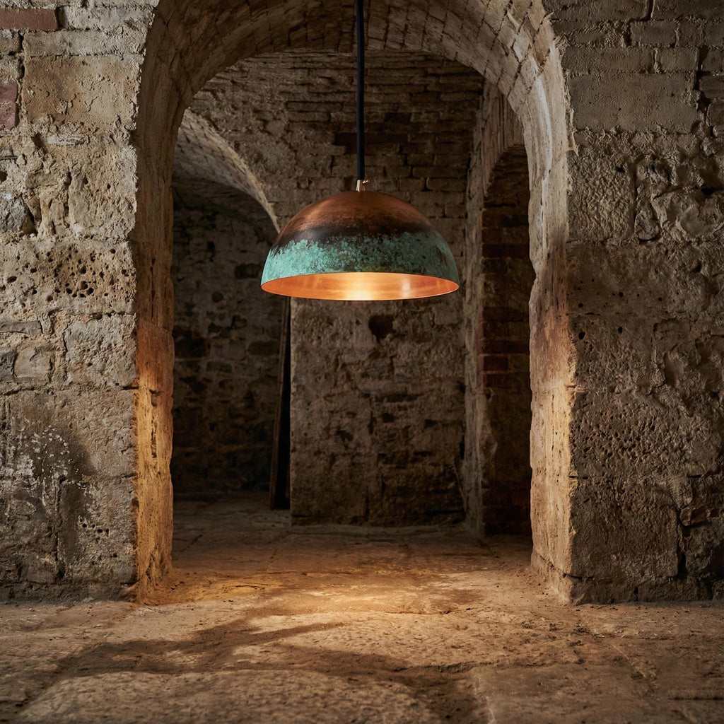 Handmade Copper Pendant Light with Green Patina – Rustic Dome Hanging Ceiling Lamp for Patio, Pergola & Dining Areas