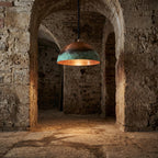 Handmade Copper Pendant Light with Green Patina – Rustic Dome Hanging Ceiling Lamp for Patio, Pergola & Dining Areas