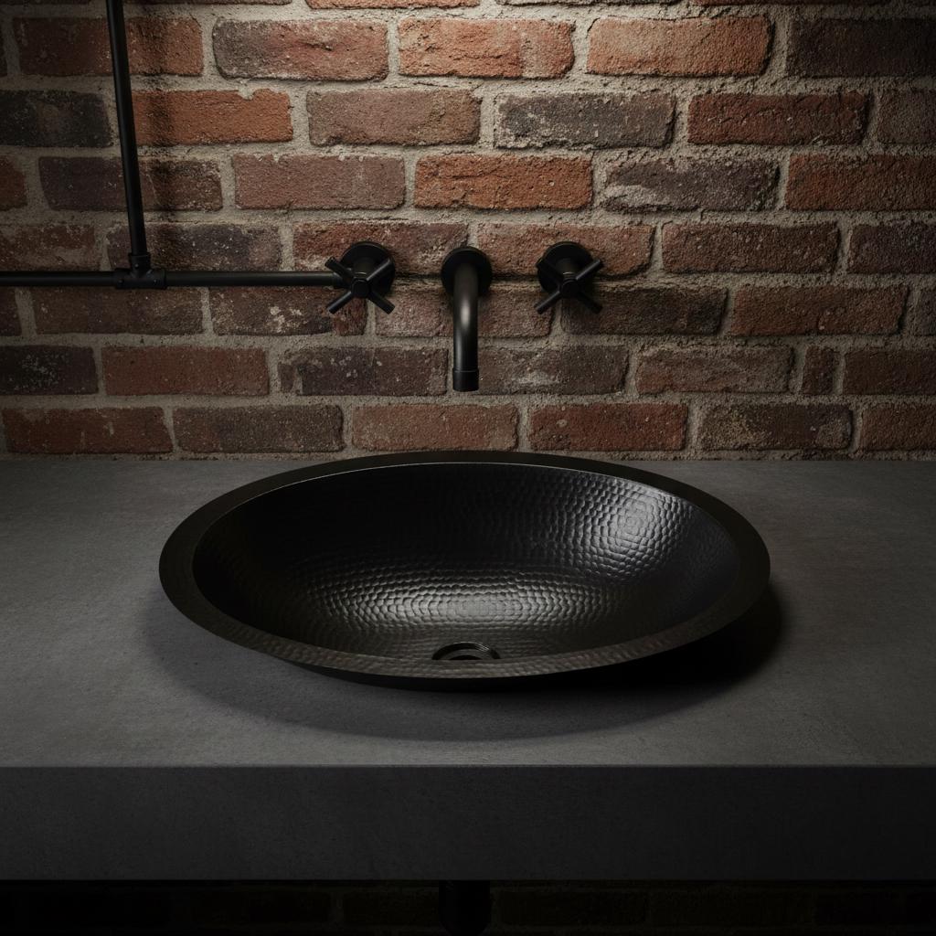 Handmade Hammered Oval Vessel Sink Solid Copper Basin with Matte Black Finish for Elegant Luxury Interiors