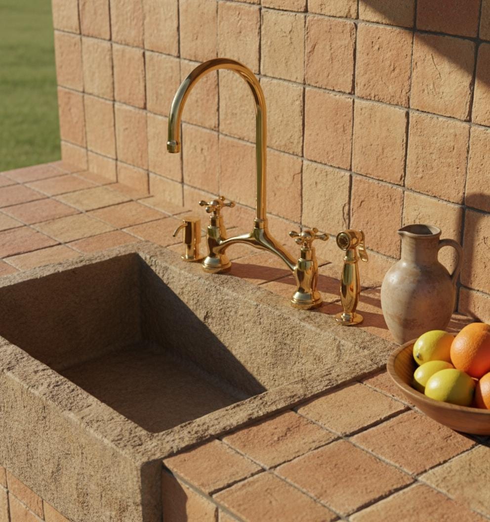 Unlacquered Brass Bridge Kitchen Faucet with Sprayer and Soap dispenser, Handmade Solid Brass Farmhouse Sink Mixer