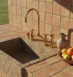 Unlacquered Brass Bridge Kitchen Faucet with Sprayer and Soap dispenser, Handmade Solid Brass Farmhouse Sink Mixer