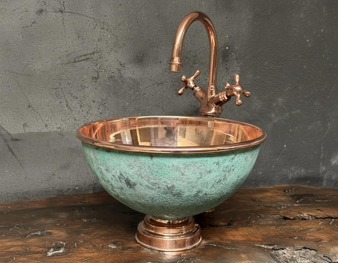 Handmade Turquoise Patina Copper Vessel Sink with Faucet for Luxury Artisan Bathroom Vanity Designs
