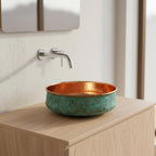 Handmade Turquoise Patina Copper Vessel Sink with Polished Interior for Luxury Bathroom Designs
