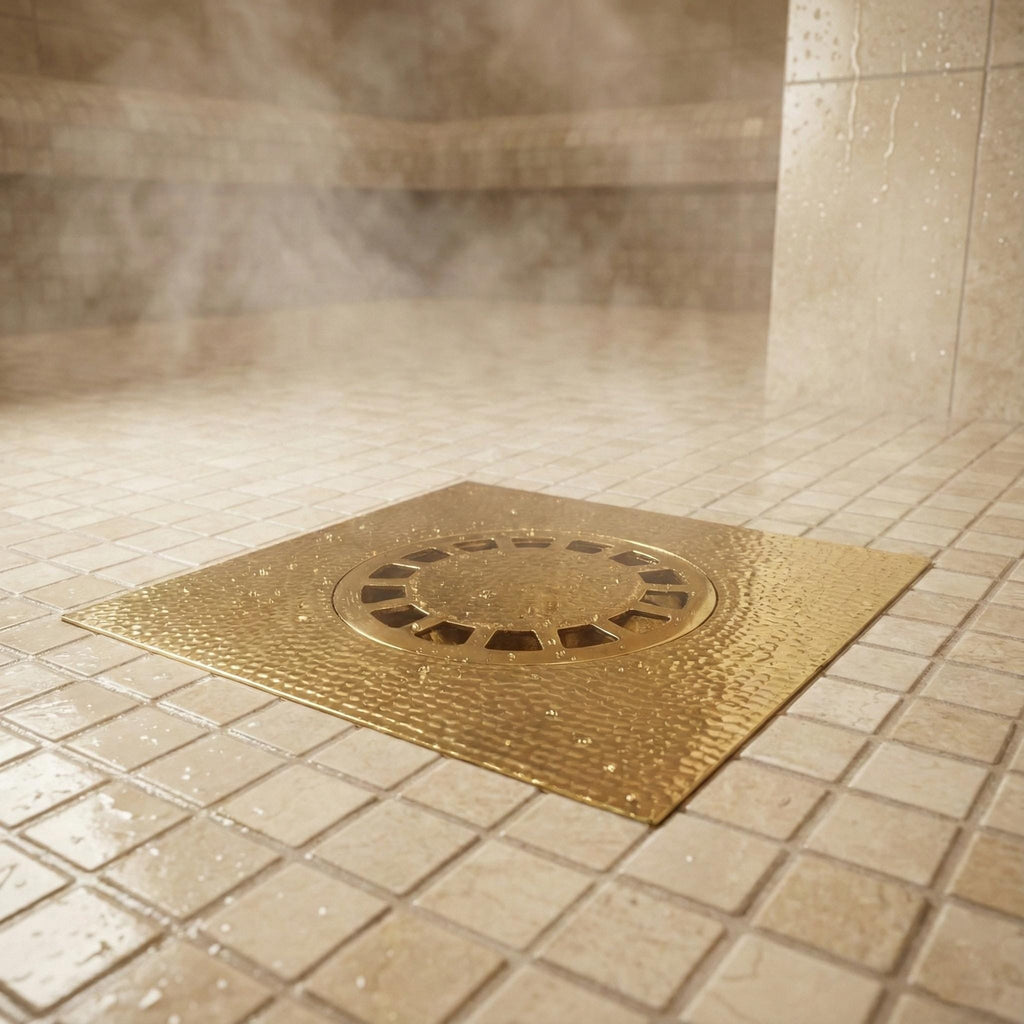 Handmade Solid Brass Square Floor Drain with Round Grate for Luxury Shower Bathrooms