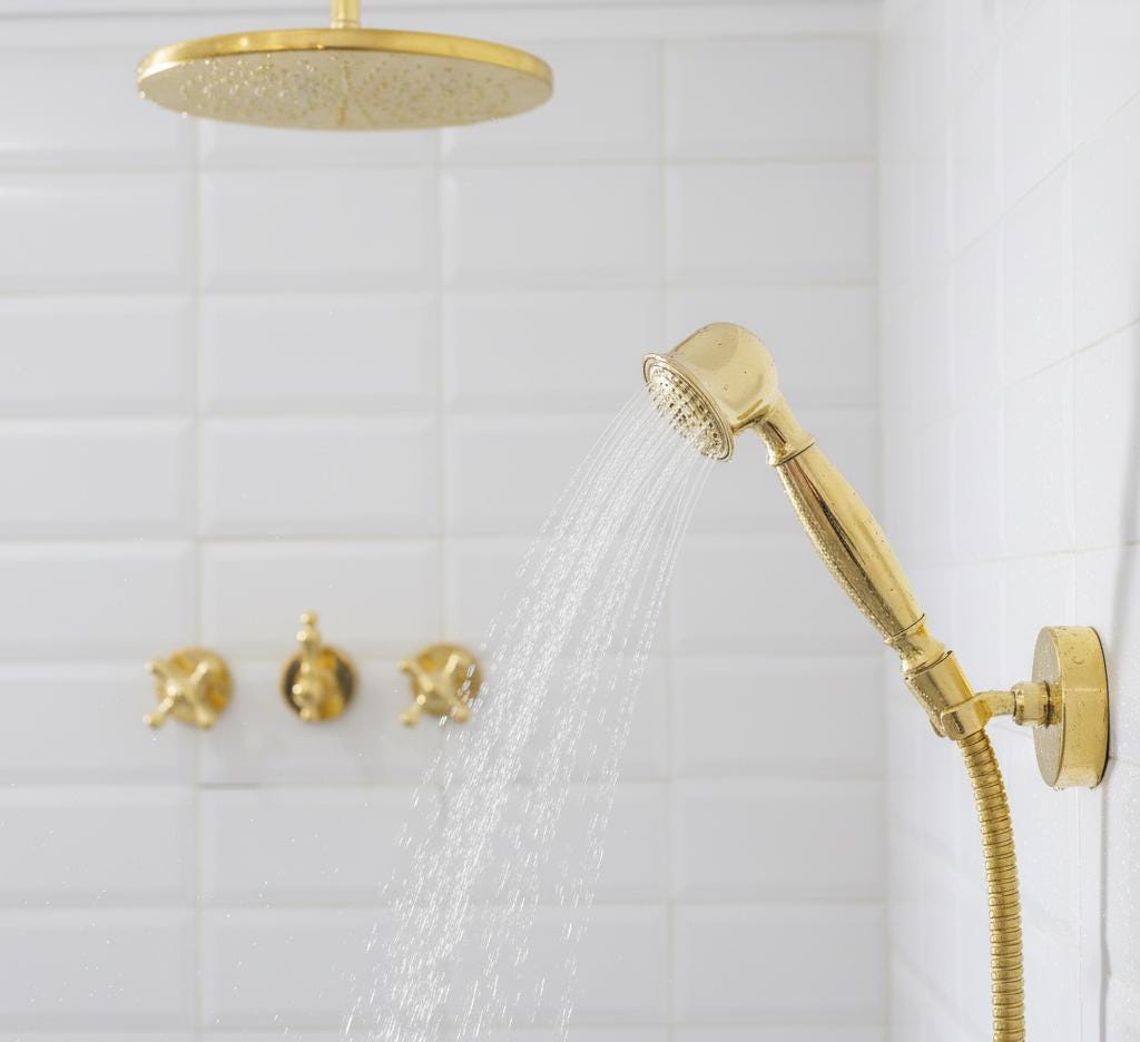 Unlacquered Solid Brass Gooseneck Shower System – 3-Handle Wall Mount Rainfall Shower with Handheld Sprayer