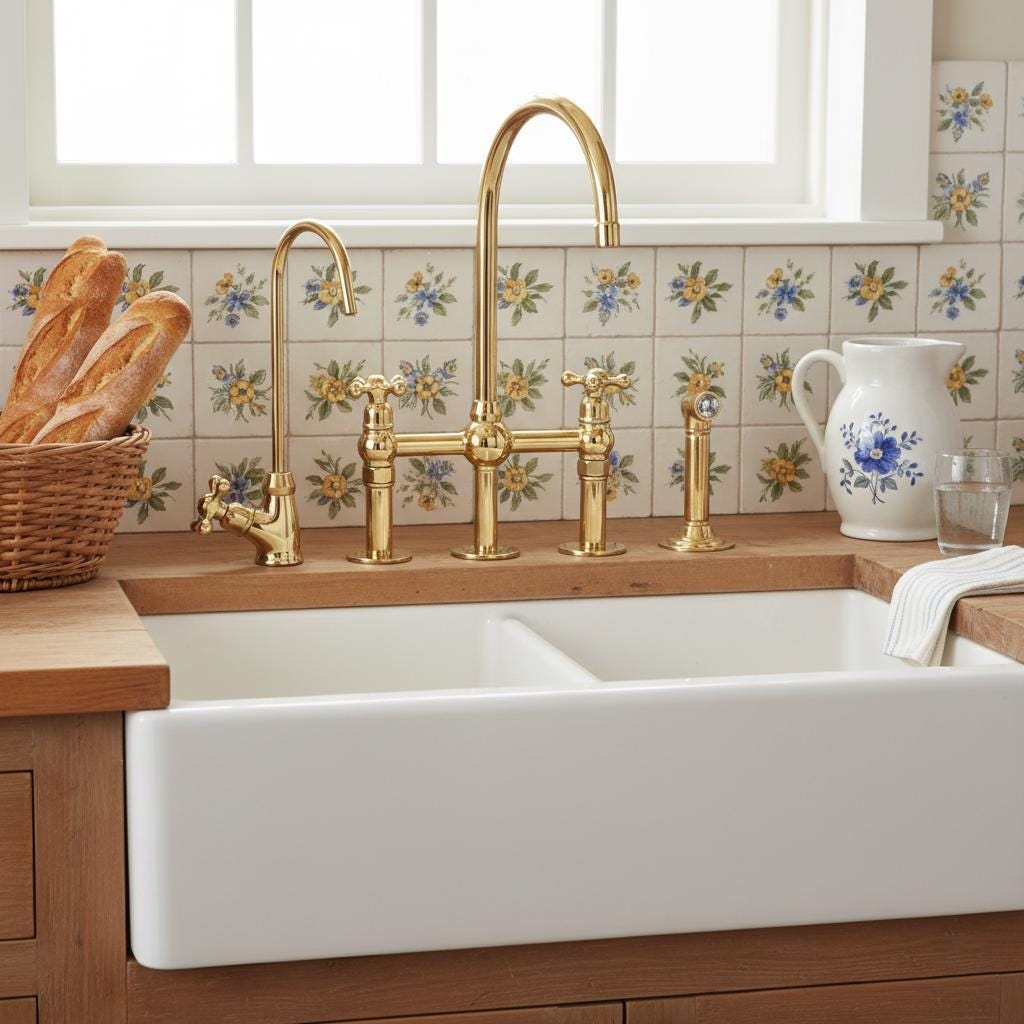 Unlacquered Brass Bridge Kitchen Faucet – Solid Brass Farmhouse Tap with Sprayer