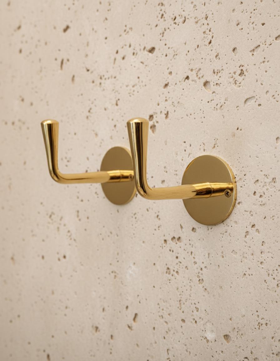 2 Pcs Unlacquered Brass Wall Hooks – Minimalist Solid Brass Coat & Towel Hangers