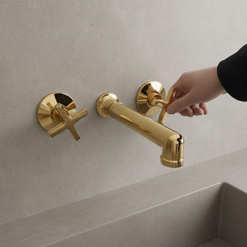 Unlacquered Solid Brass Wall Mount Faucet – Modern Cross Handle Bathroom or Vanity Sink Tap