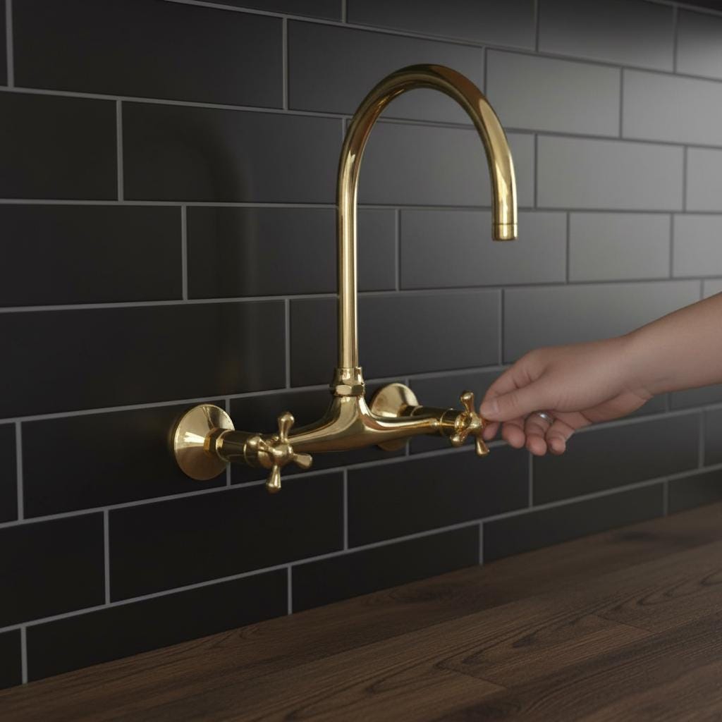 Unlacquered Brass Wall Mount Faucet – Handmade Solid Brass Gooseneck Kitchen Tap with Cross Handles for Farmhouse Sink