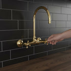 Unlacquered Brass Wall Mount Faucet – Handmade Solid Brass Gooseneck Kitchen Tap with Cross Handles for Farmhouse Sink
