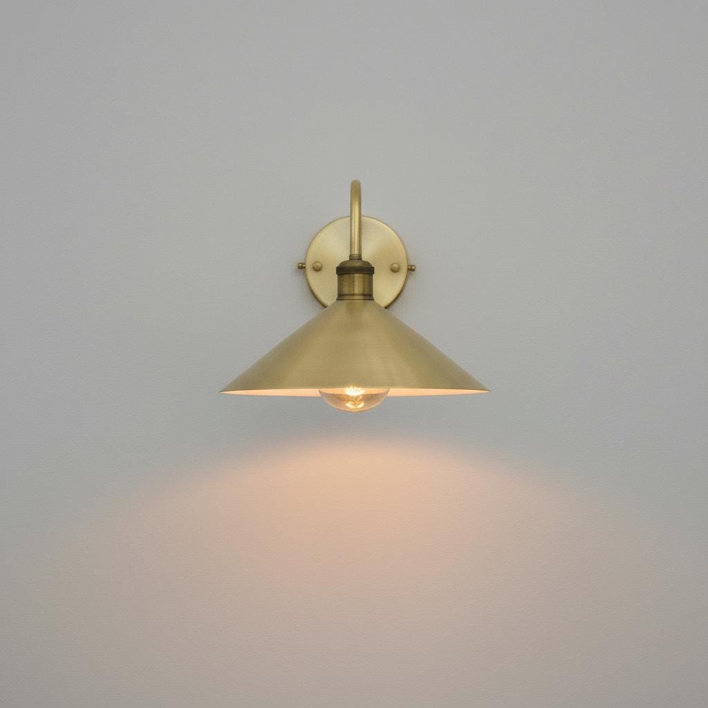 Unlacquered Brass Wall Sconce – Handmade Cone Shade Light for Bathroom, Bedroom, or Hallway