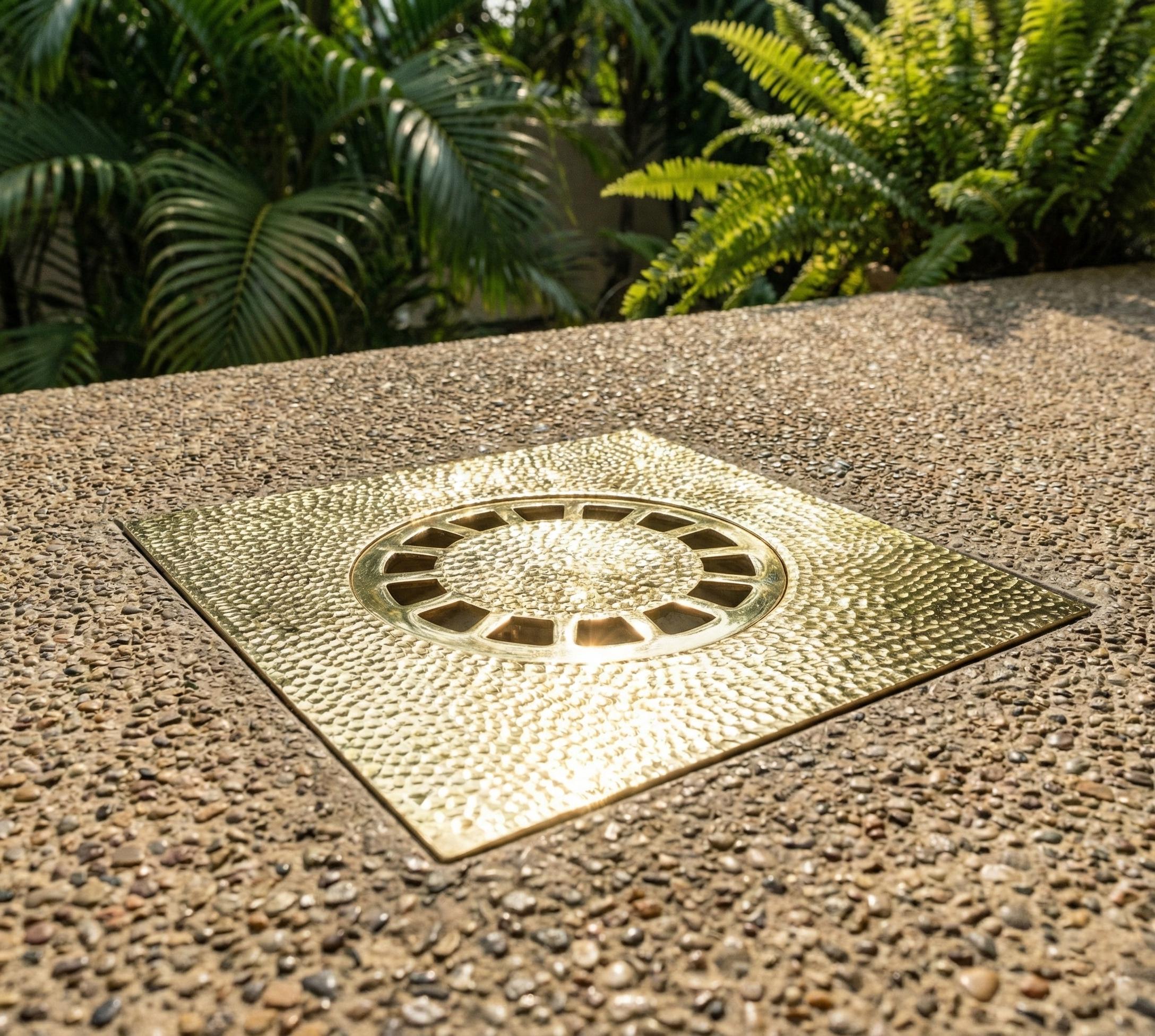 Handmade Solid Brass Square Floor Drain with Round Grate for Luxury Shower Bathrooms