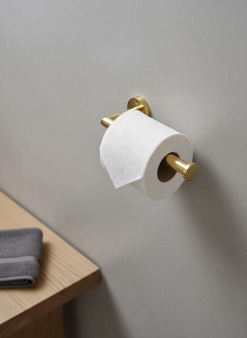 Gold toilet paper holder with a roll of toilet paper on a light gray wall.