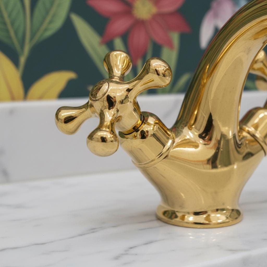 Gold faucet on a marble surface with a floral wallpaper background