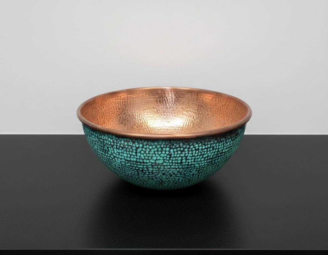 Handmade Turquoise Patina Copper Vessel Sink with Hammered Interior for Modern Bathroom Vanity Decor