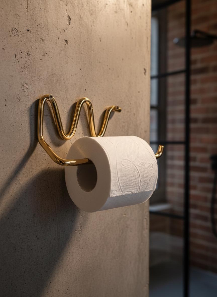 Gold toilet paper holder with a roll of toilet paper on a concrete wall.