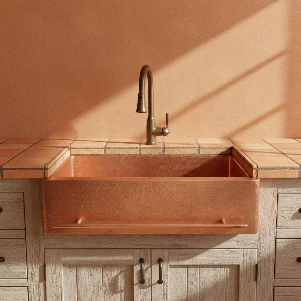 Handmade Rectangular Farmhouse Apron Front Copper Sink with Integrated Towel Bar