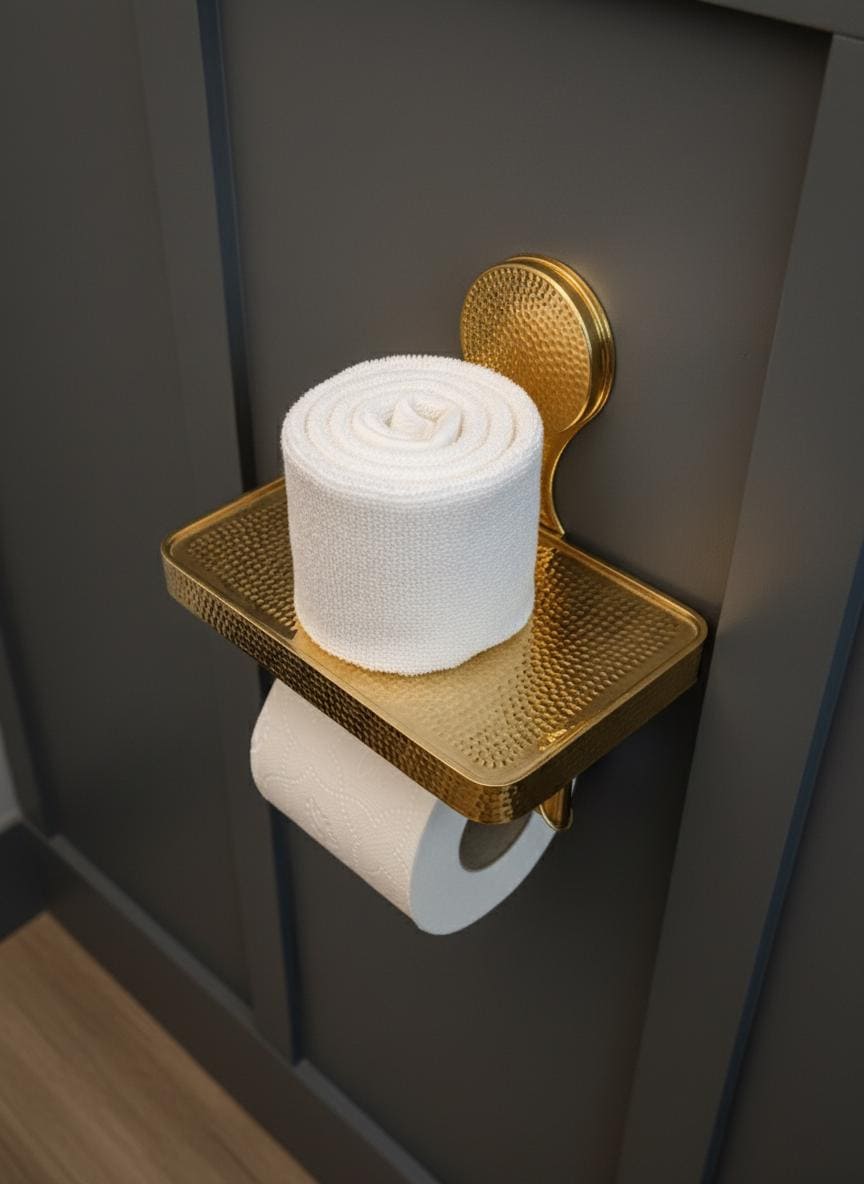 Hammered Brass Toilet Paper Holder with Shelf – Unlacquered Solid Brass Bathroom Fixture