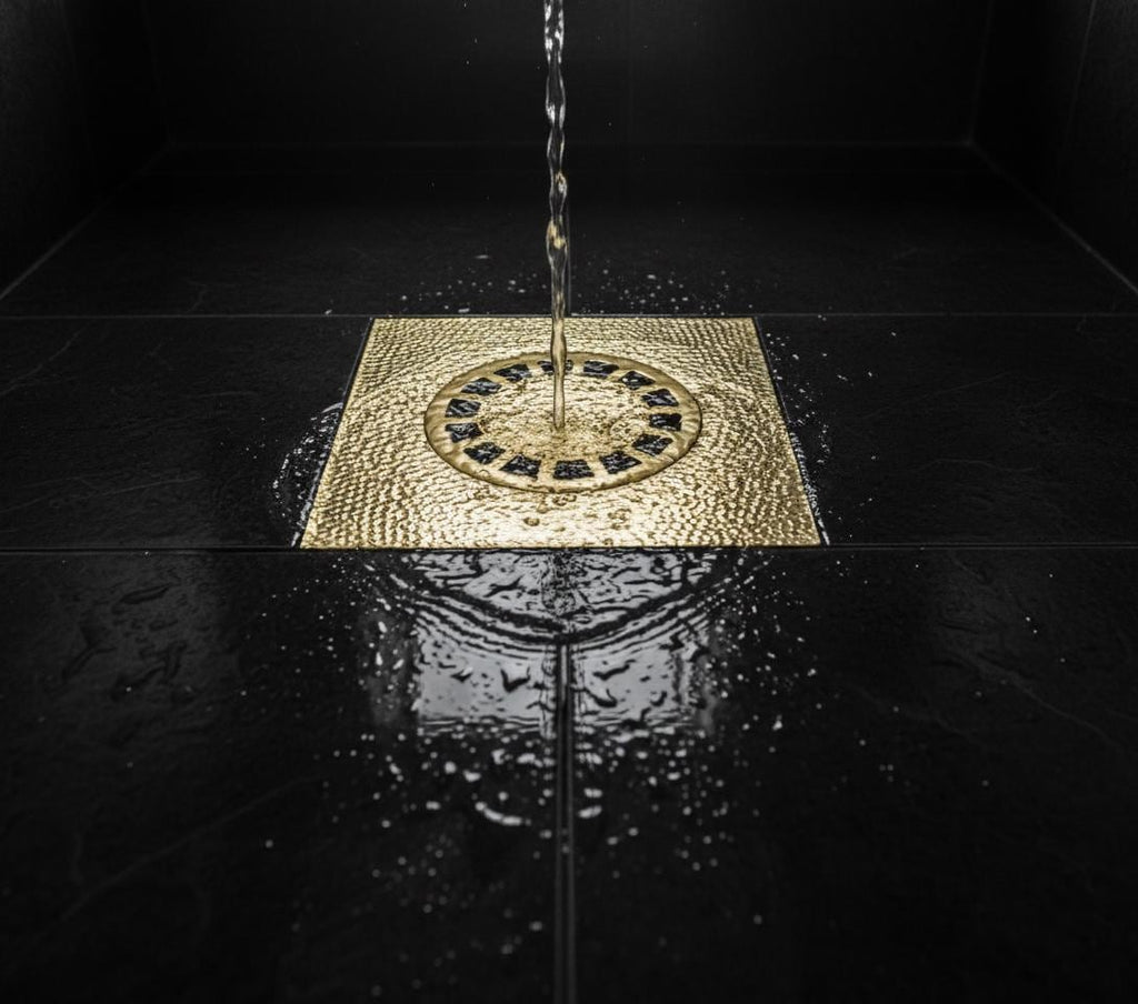 Handmade Solid Brass Square Floor Drain with Round Grate for Luxury Shower Bathrooms